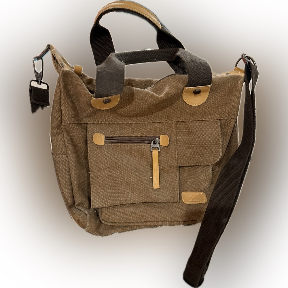 Vintage brown rugged canvas multi pocket messenger tote bag